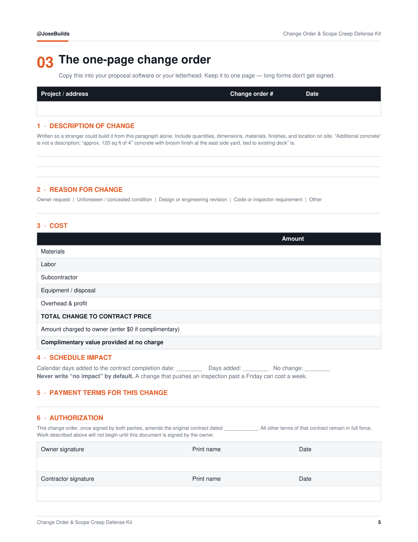 Change orders — P. 05, the form
